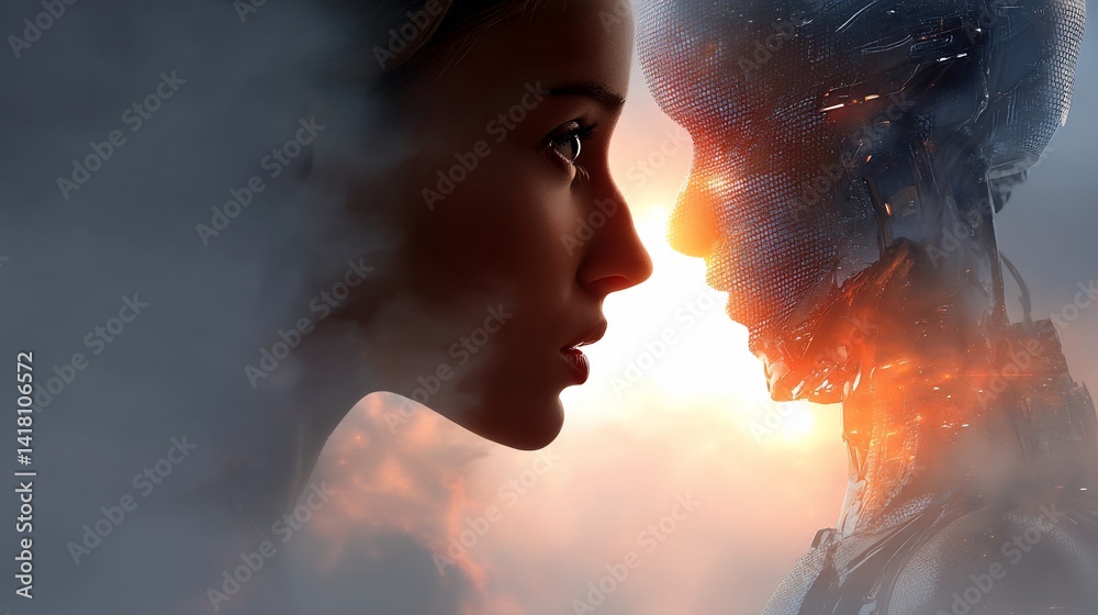 Woman and robot face to face with bright sun and clouds behind them