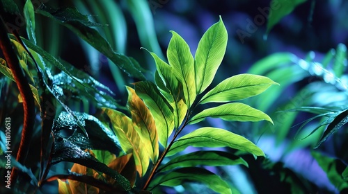 Obraz na płótnie Vibrant green foliage in a dark, lush garden bathed in cool light w salonie