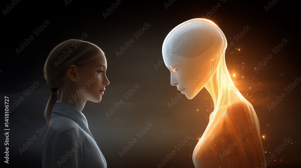 Woman faces a radiant humanoid figure, silhouetted against a dark background