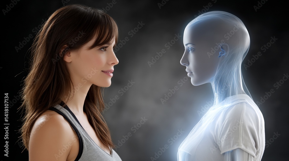 Woman gazes at ethereal humanoid robot, gray shirt, dark blurred background