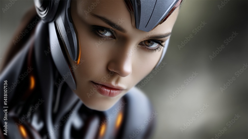 Woman in futuristic armor, glowing with orange light, intense gaze portrait
