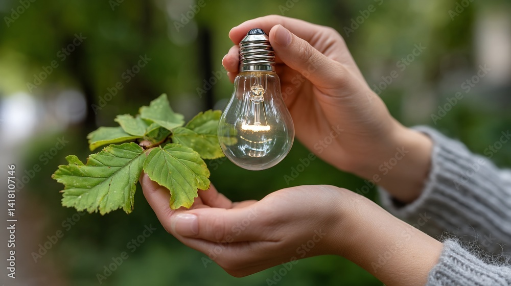 Woman holds lightbulb and leaves, outdoors, concept of eco-friendly innovation
