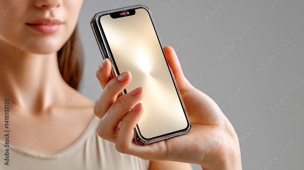 Woman holding a smartphone, showcasing sleek design and technology