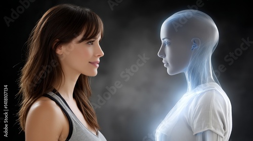 Obraz na płótnie Woman gazes at ethereal humanoid robot, gray shirt, dark blurred background w salonie