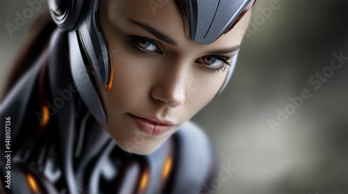 Obraz na płótnie Woman in futuristic armor, glowing with orange light, intense gaze portrait w salonie