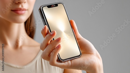 Obraz na płótnie Woman holding a smartphone, showcasing sleek design and technology w salonie