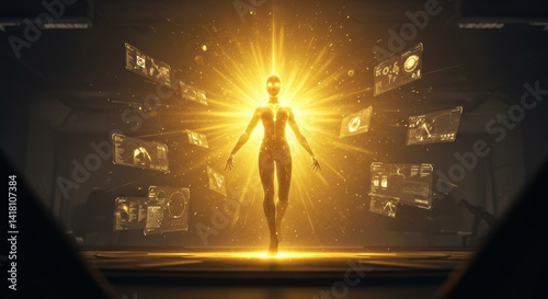 Golden humanoid silhouette bathed in light surrounded by digital UI elements