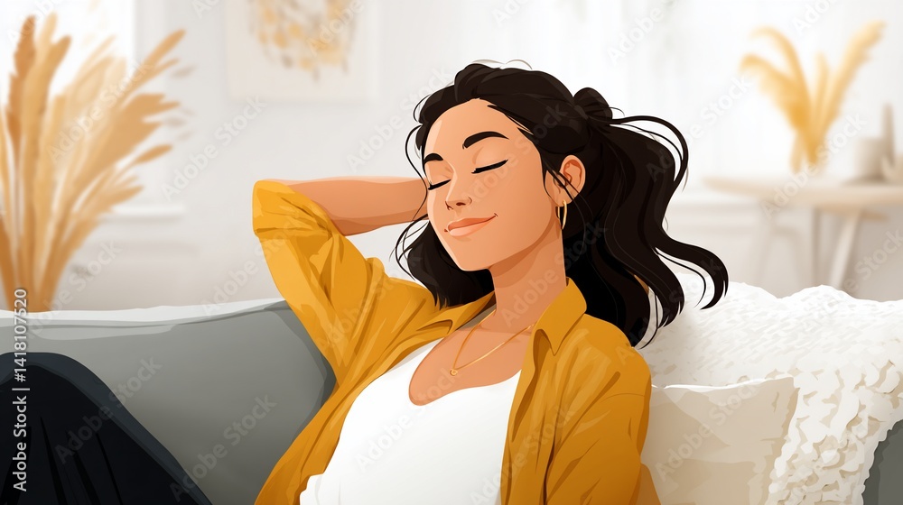 Woman relaxing on sofa with neutral home d?cor in the background
