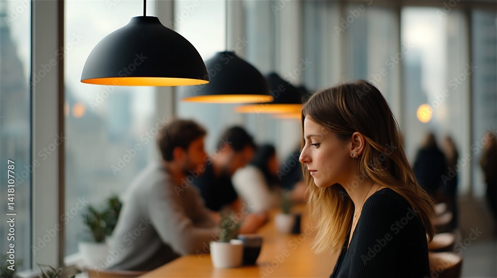 Woman sits pensively by the window with a cityscape in the background