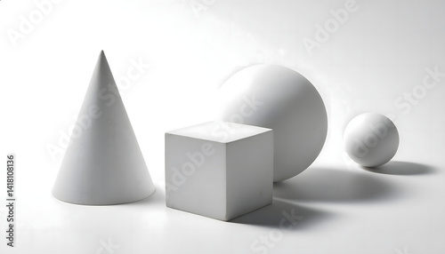 Minimalistic white 3D geometric shapes on neutral background. Abstract design for technology, art, or modern branding use