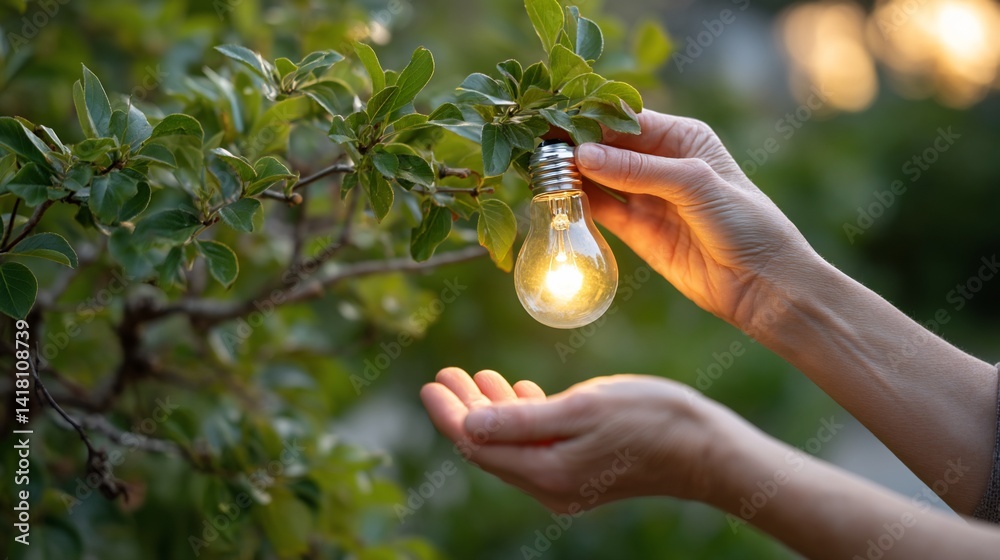 Woman?s hands gently hold a bright lightbulb in the greenery outdoor