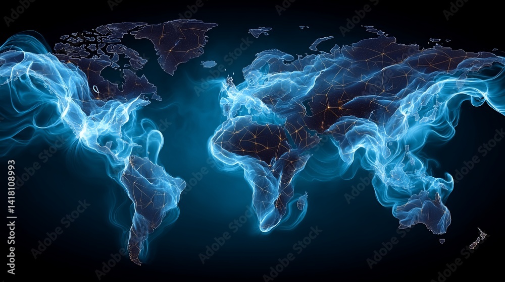 World map outlined in swirling, glowing blue smoke against a dark backdrop