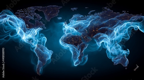 Obraz na płótnie World map outlined in swirling, glowing blue smoke against a dark backdrop w salonie