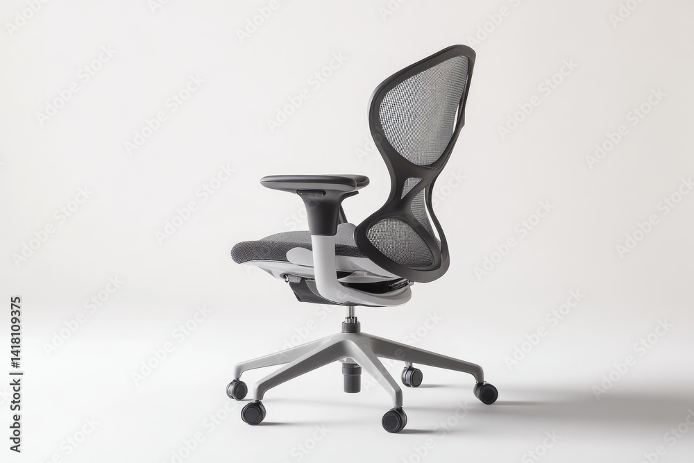 Modern ergonomic office chair with mesh back, adjustable arms, and five-star base. Modern ergonomic office chair with mesh back, adjustable arms, and five-star base.