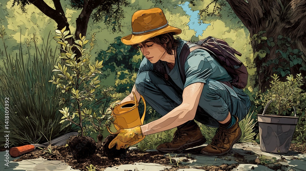 Young person gardening; planting a small tree in a verdant, natural setting