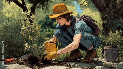 Young person gardening; planting a small tree in a verdant, natural setting