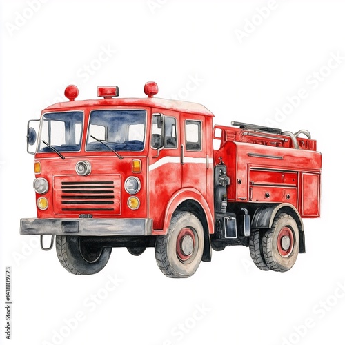watercolor cute fire engine clipart on a white background 