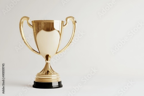 A gleaming golden trophy with elegant handles stands on a white background, symbolizing achievement and victory.