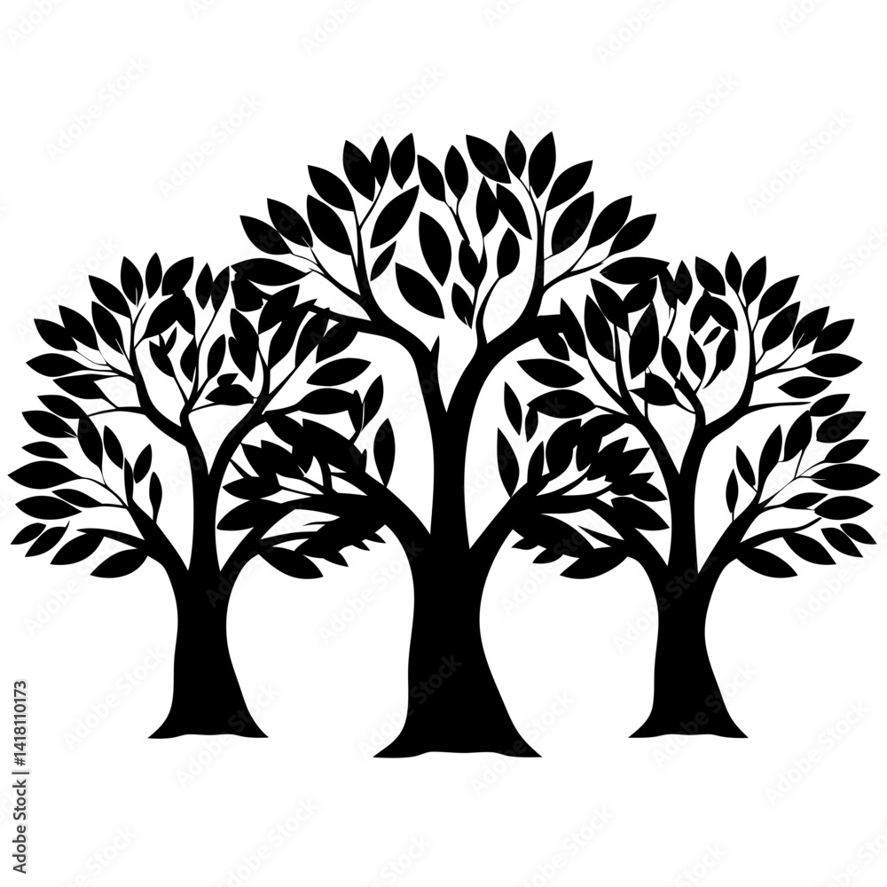 Obraz premium Three stylized trees in silhouette, with many branches and leaves, against white