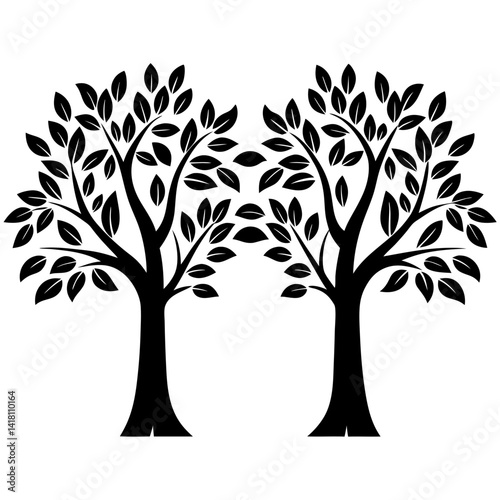 Two stylized trees with dense foliage in a monochrome vector illustration