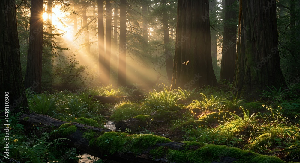 Obraz premium Golden sunlight filters through towering redwoods in a serene forest at dawn. Soft green ferns blanket the ground, enhancing the tranquil beauty of this natural setting