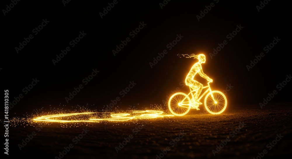 Obraz premium Silhouette of a cyclist emits radiant golden light trail on dark terrain