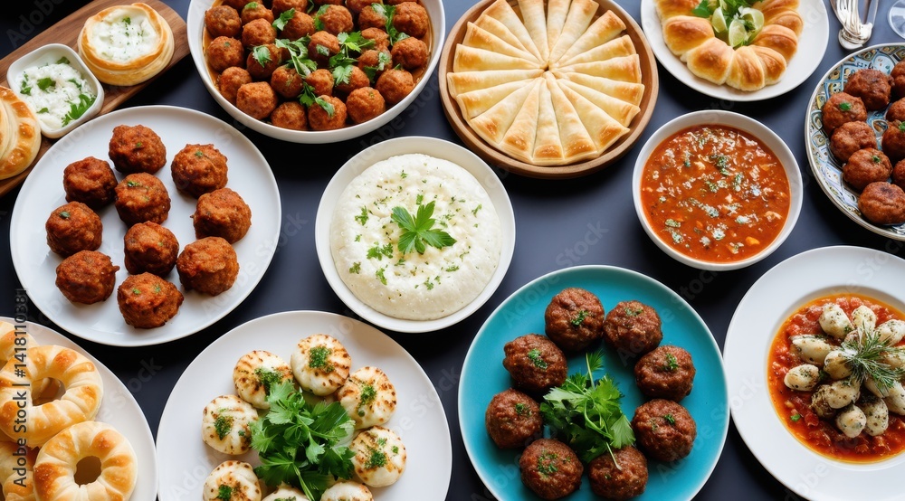 A vibrant assortment of Mediterranean and Middle Eastern dishes, including meatballs, hummus, pastries, and stews, arranged on a dark tabletop A vibrant assortment of Mediterranean and Middle Eastern dishes, including meatballs, hummus, pastries, and stews, arranged on a dark tabletop