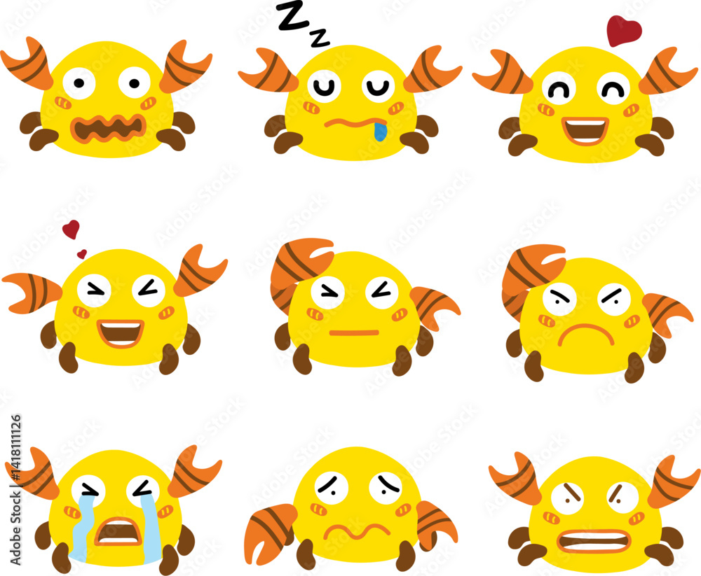 Obraz premium A colorful cartoon crab displaying a variety of facial expressions, including happy, sad, angry, and sleepy.