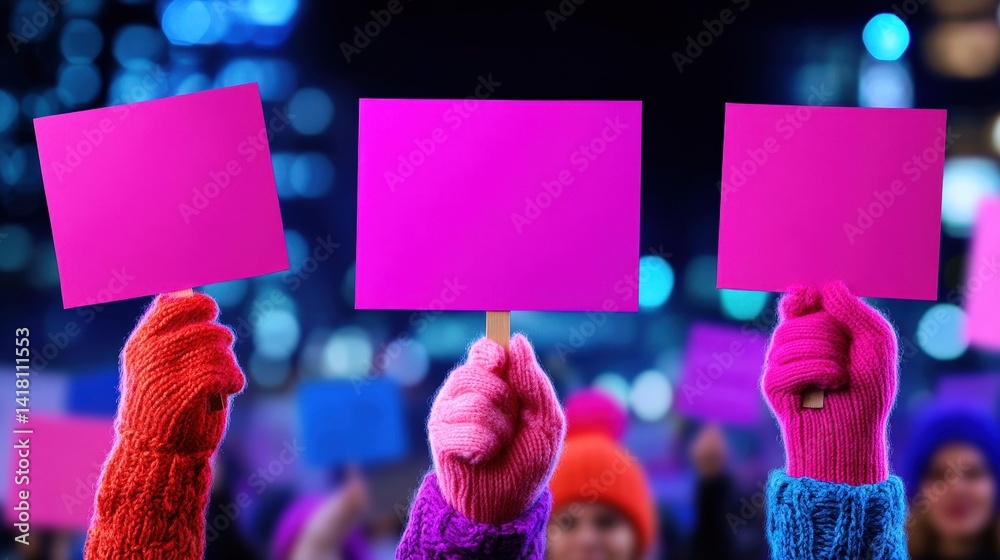People gather in a city plaza, holding bright pink signs with no text, wearing colorful winter clothing. The night setting creates a vibrant atmosphere with city lights in the background