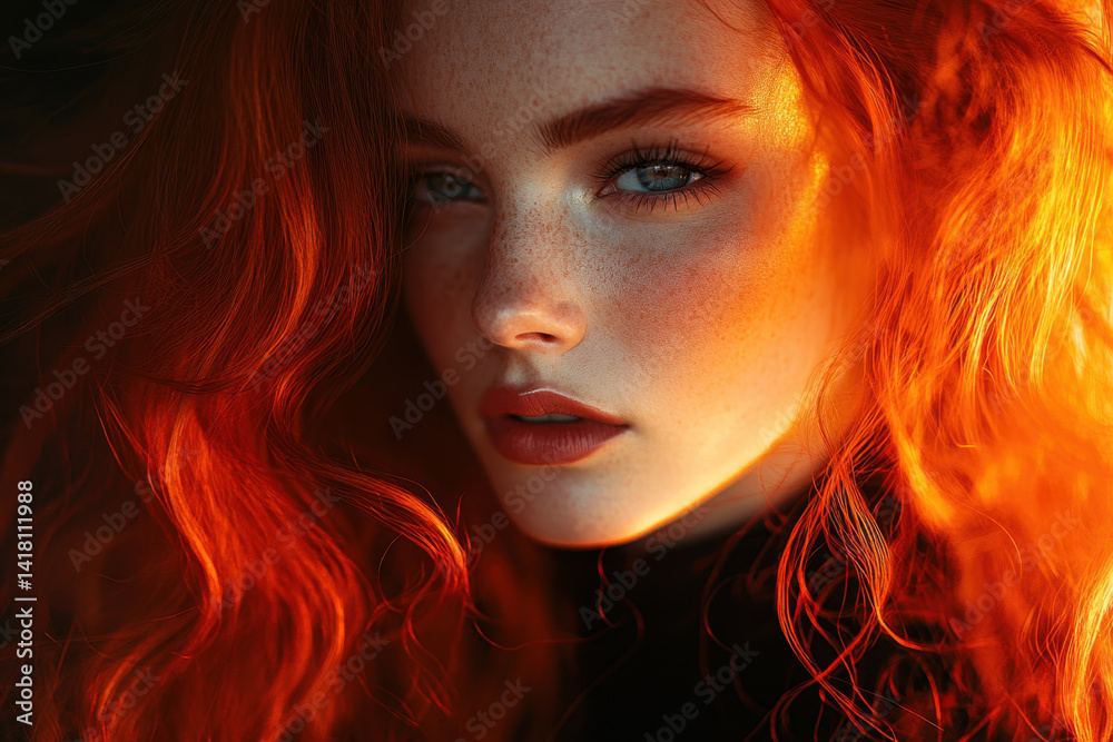 Woman with red hair standing in front of a breathtaking sunset on a sandy beach, waves gently lapping at her feet as she gazes at the horizon.