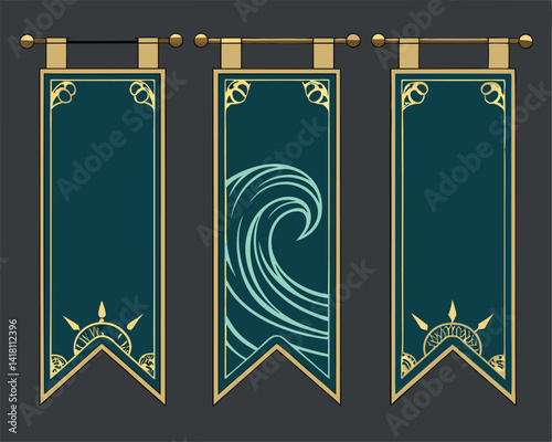 Ornate Decorative Banner Set: Elegant Vertical Banners with Nature Motifs.