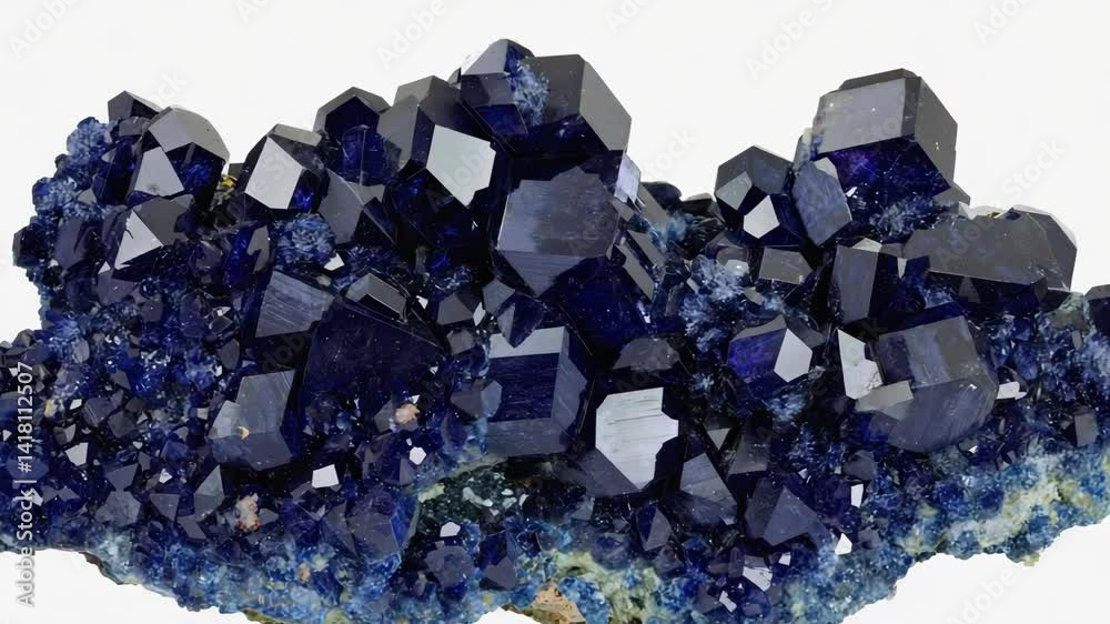 Clusters of dark blue, highly structured azurite crystals arranged to create a visually striking, abstract design formation. Clusters of dark blue, highly structured azurite crystals arranged to create a visually striking, abstract design formation.