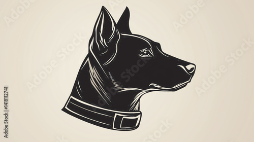 Black Dog Profile Silhouette with Collar Minimalist Illustration Vector Art Design on Beige Background