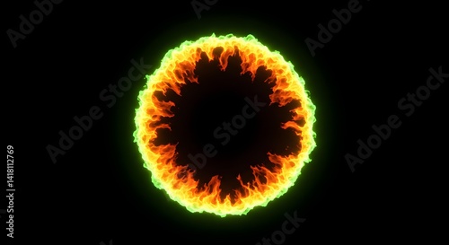 green Spectacular fire circle effect with radiant flames on a deep black background, perfect for dramatic designs and backdrops. Generative AI.