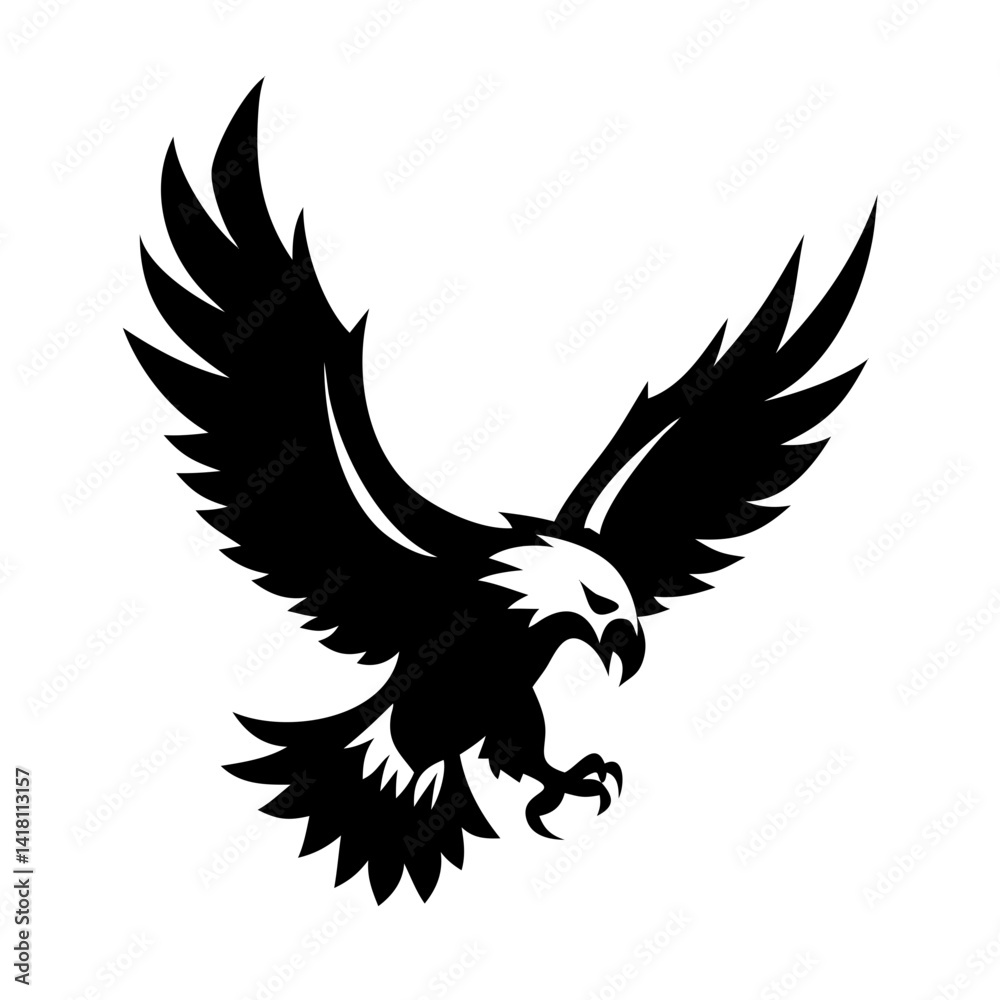 Black vector silhouette illustration of a flying eagle, a majestic bird with powerful wings in flight, a symbol often used in tattoo design Black vector silhouette illustration of a flying eagle, a majestic bird with powerful wings in flight, a symbol often used in tattoo design
