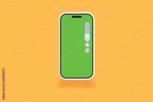 Minimalist smartphone UI illustration showing vertical volume control slider with buttons on green screen and orange background.