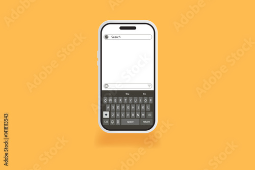 Vector illustration of a smartphone with search interface and QWERTY keyboard on orange background, modern mobile UI.