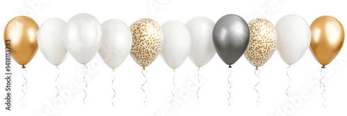 Gold, White and Silver Balloons Row, Isolated on Transparent Background, Party Decoration, Celebration, balloons, party, design