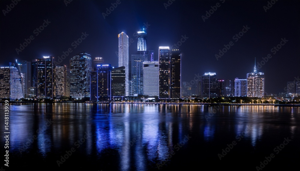 Fototapeta premium a stunning nighttime cityscape reflecting in the water, the buildings illuminated with glowing lights