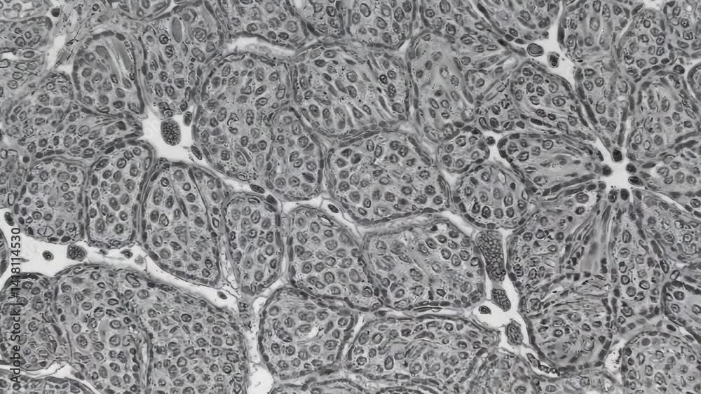 Close up histology section showing acini of a serous gland tissue with visible cells and nuclei under high magnification