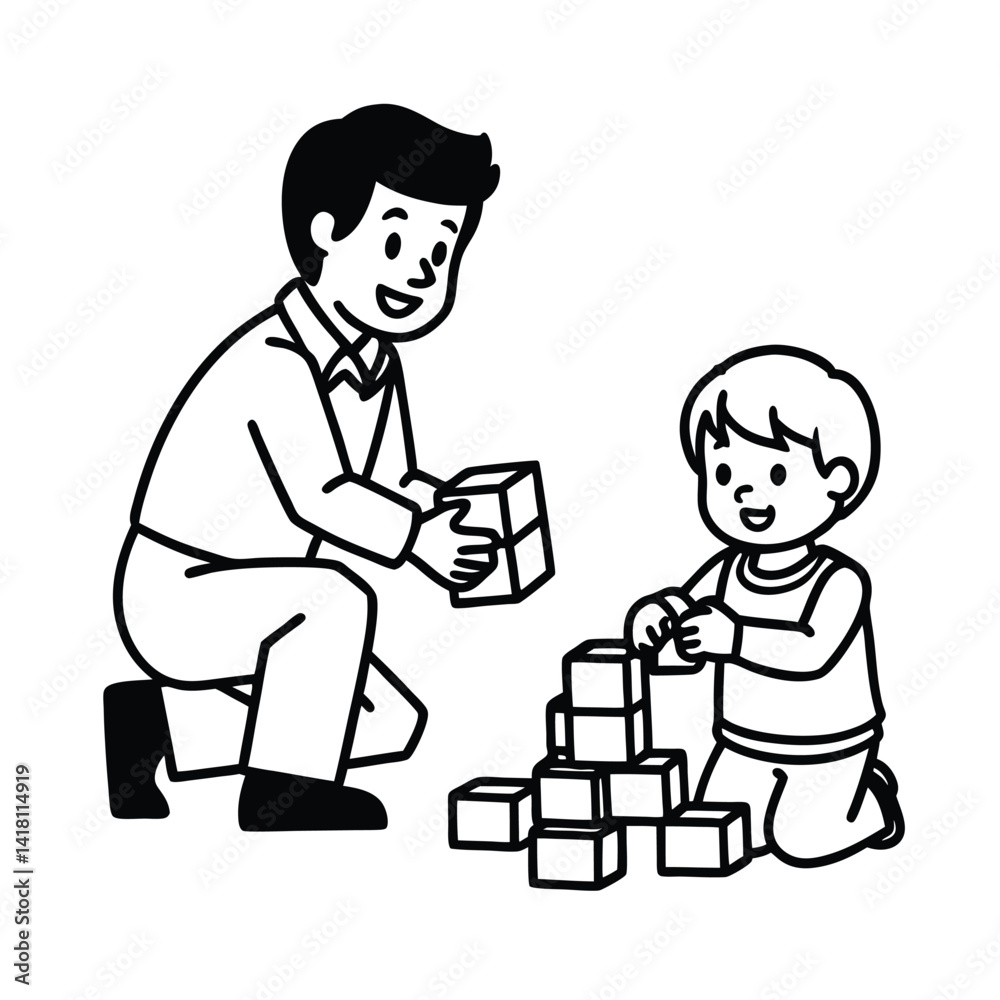 Father and son building tower with blocks illustration in black and white outline Father and son building tower with blocks illustration in black and white outline