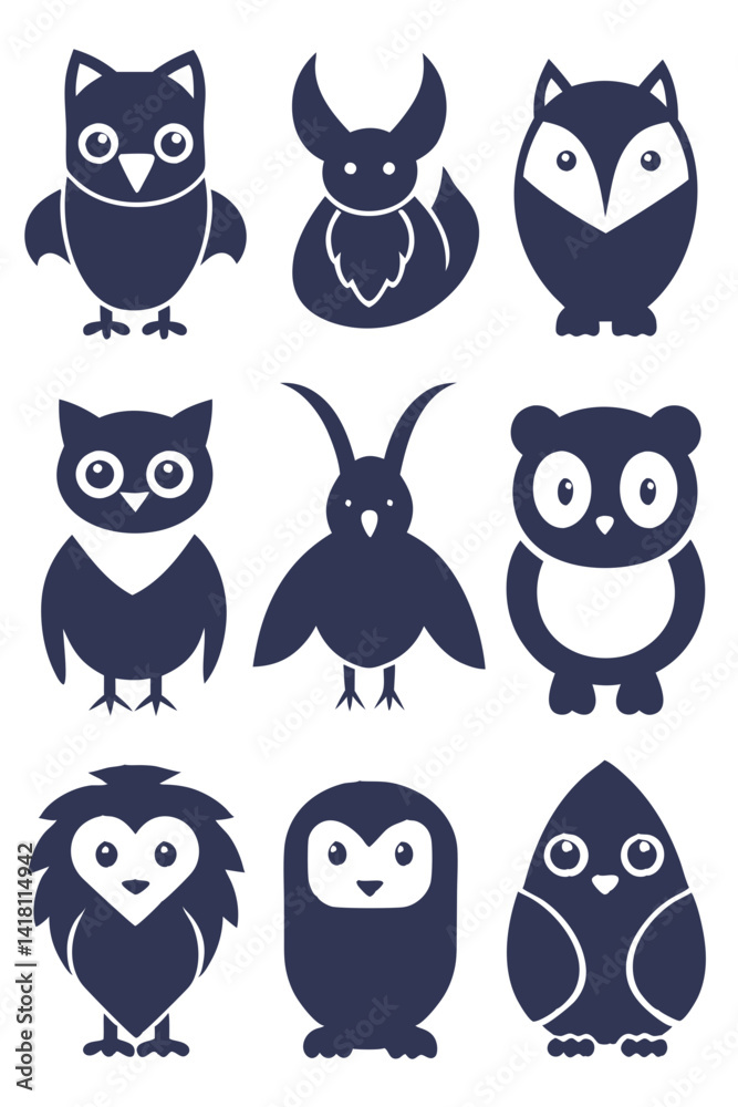 Vector collection of stylized birds, owls and fox Vector collection of stylized birds, owls and fox