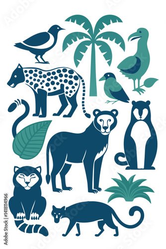 Tropical Animals Illustration: Jungle Birds, Cat, Bear, Raccoon