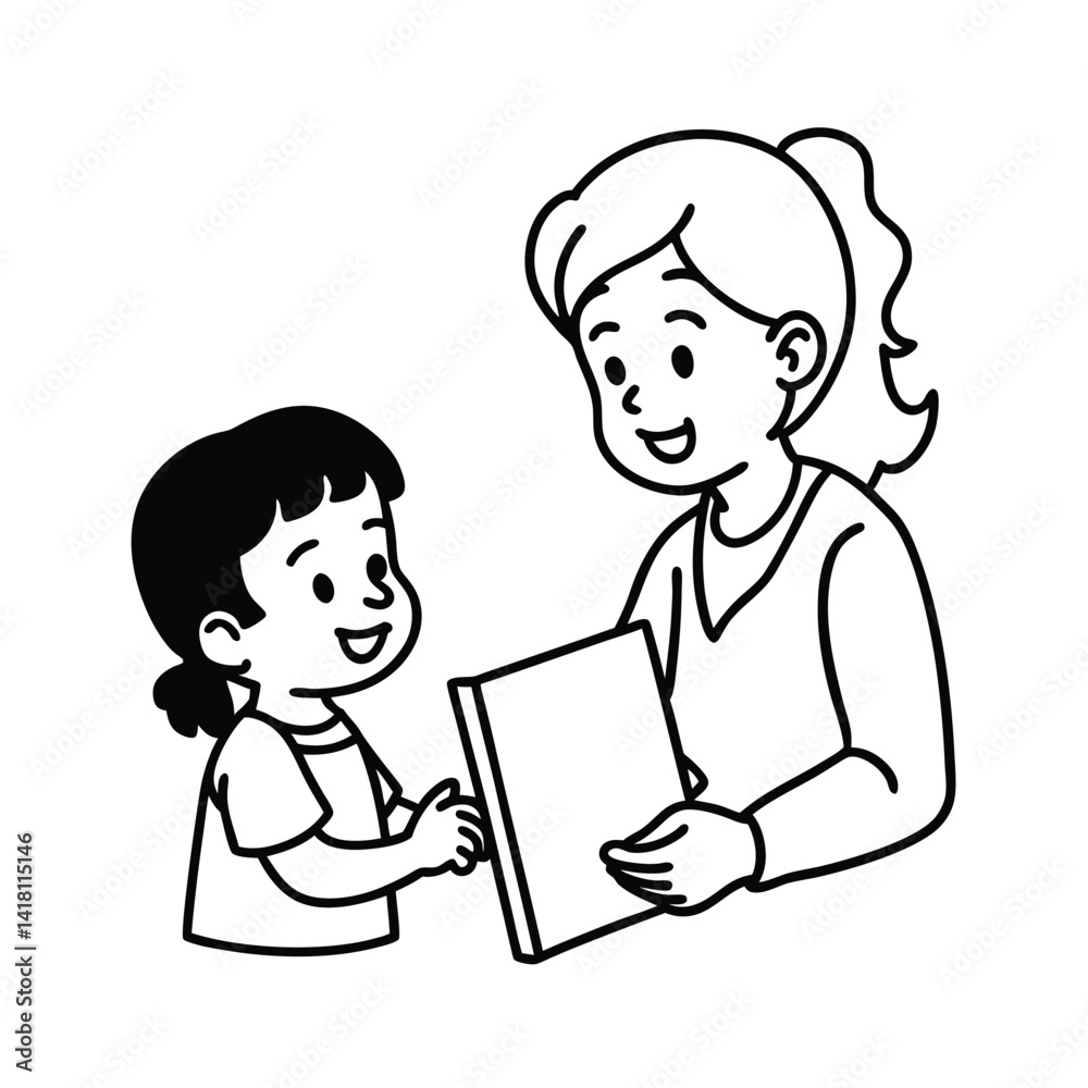 Mother and child reading a book together simple line art illustration Mother and child reading a book together simple line art illustration