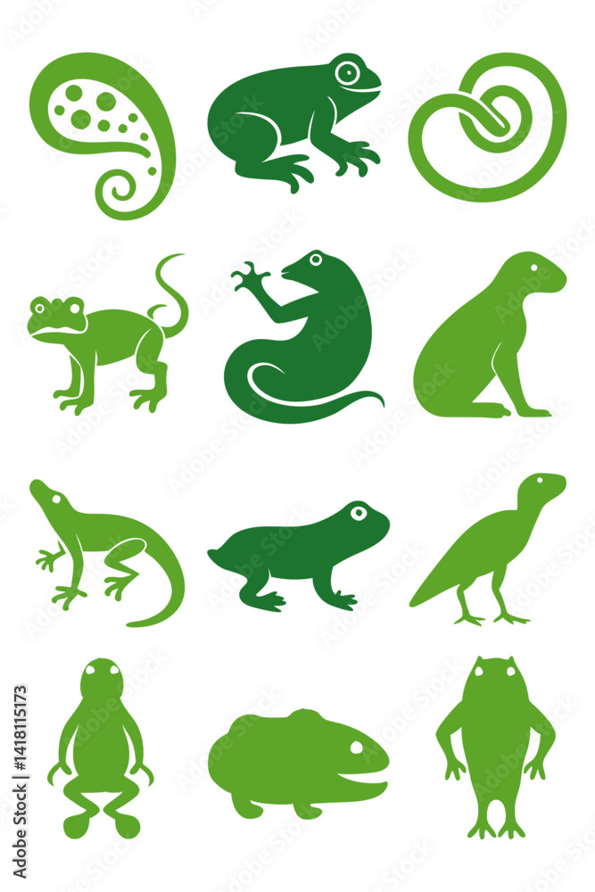 Fototapeta premium Green animal silhouettes: frogs, lizards, and abstract shapes