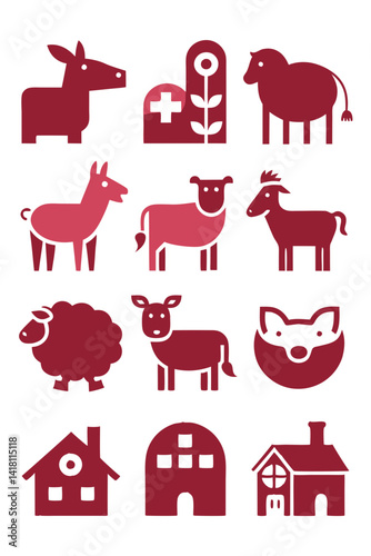 Burgundy Farm Animal and Building Icon Vector Set