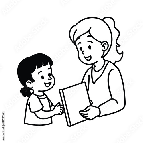 Mother and child reading a book together simple line art illustration