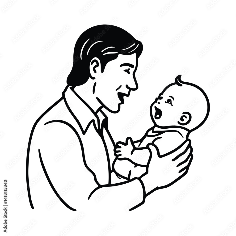 Dad holding a baby monochrome line art illustration happy fatherhood child care bonding Dad holding a baby monochrome line art illustration happy fatherhood child care bonding