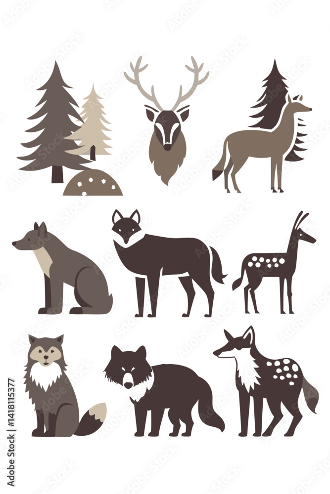 Obraz premium Elegant forest animals vector illustration, deer, wolf, trees