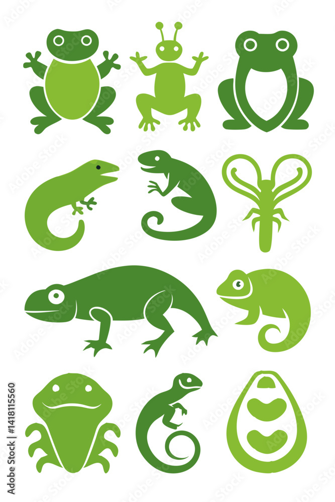 Naklejka premium Green Amphibians and Reptiles Silhouettes: Frogs, Lizards Collection
